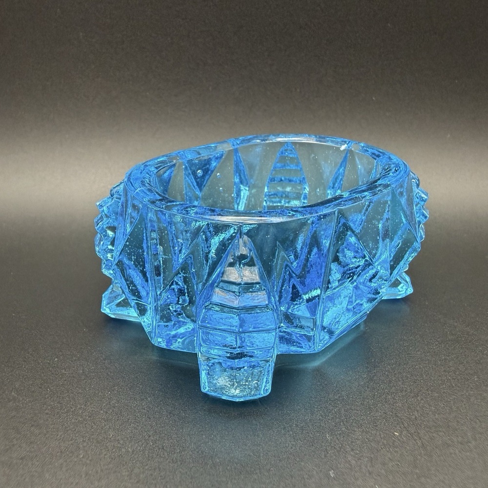 Art Deco Blue Depression Glass Master Salt Cellar Footed Geometric Zipper Design - Picture 4 of 13